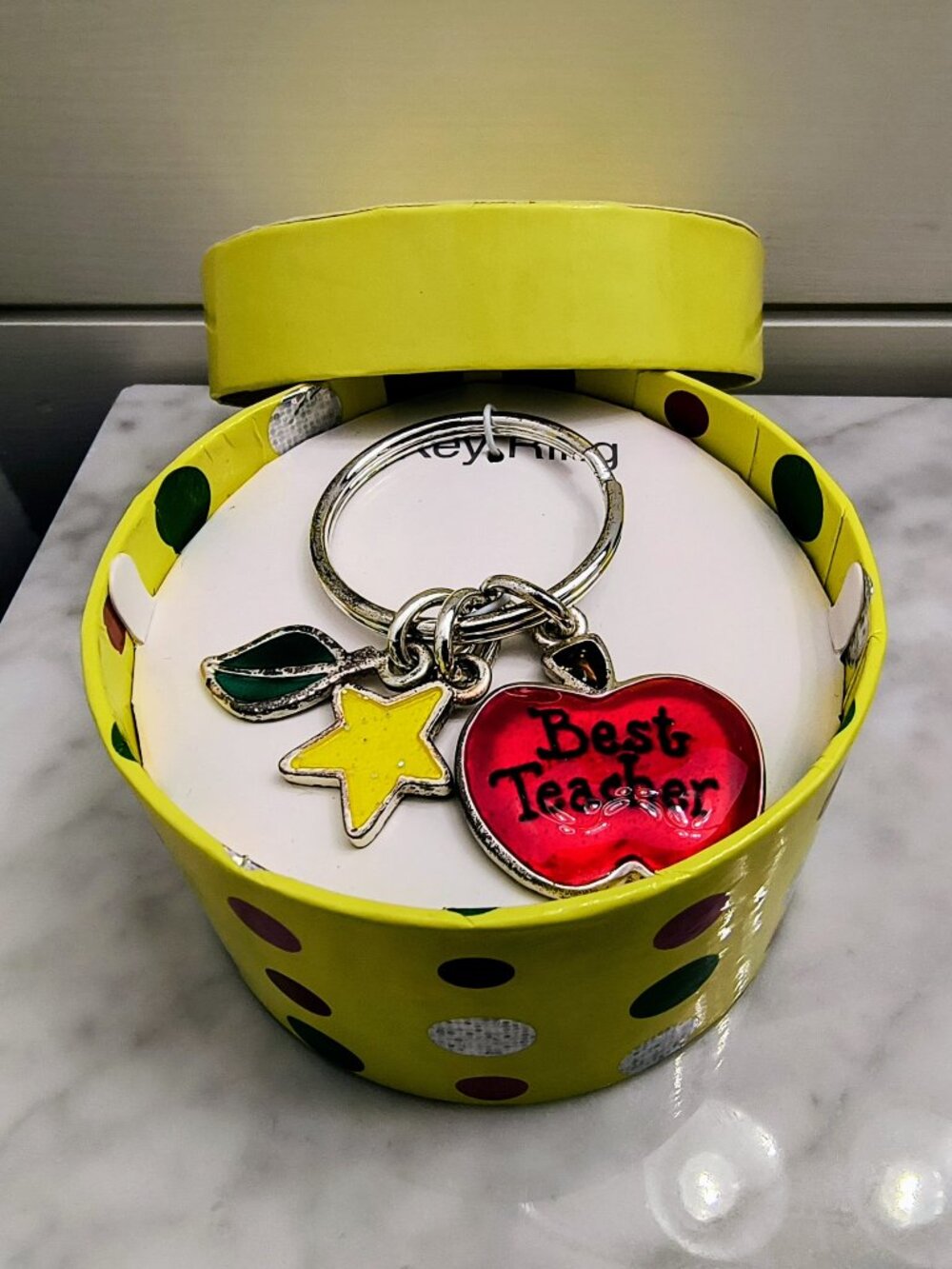 NEW "Best Teacher" Apple Leaf & Star Keychain Purse Charm - Gift in Box